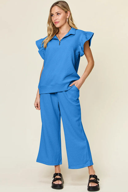 Trendsi Double Take Texture Ruffle Short Sleeve Top and Drawstring Wide Leg Pants Set in Cerulean - Double Take Topic