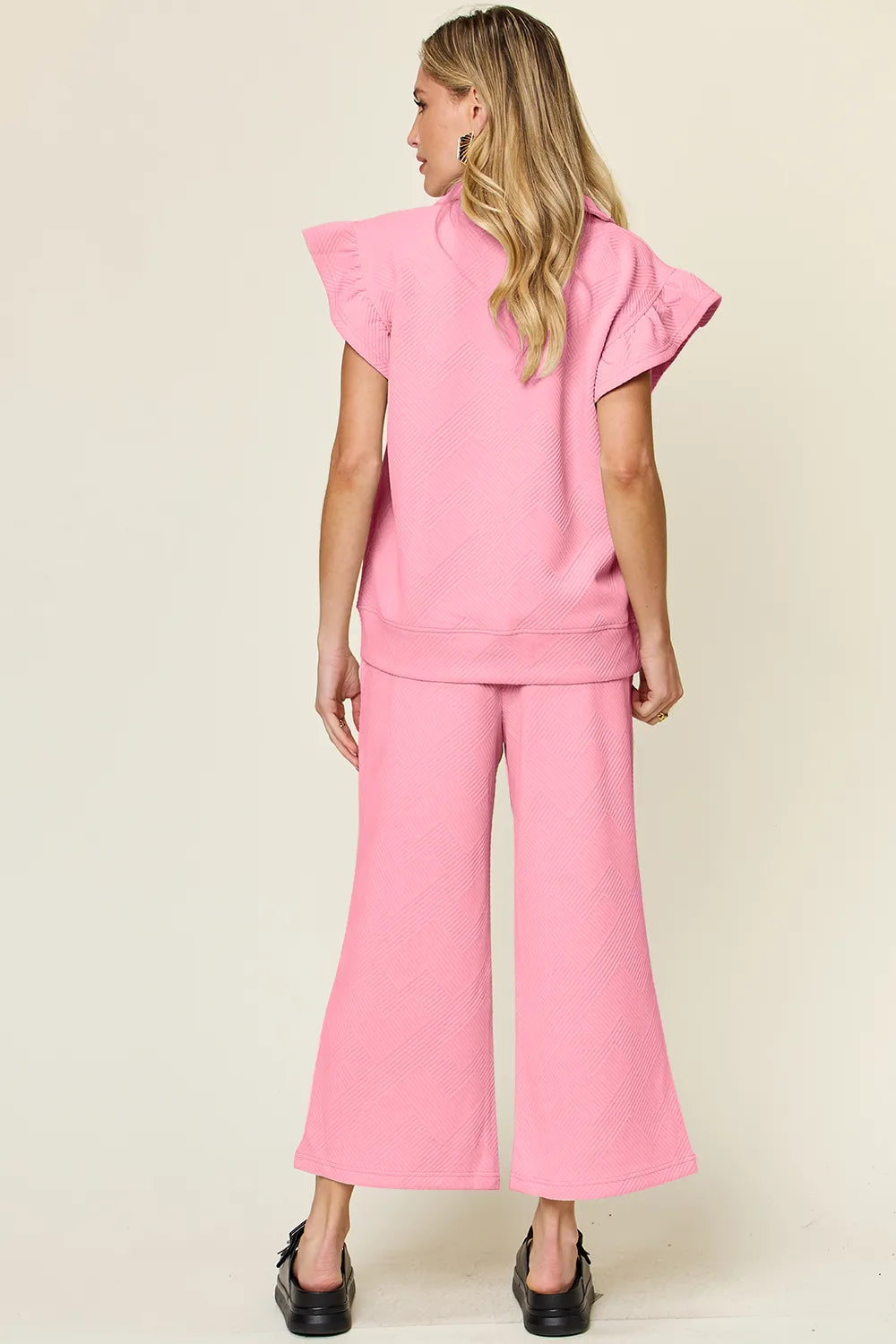 Trendsi Double Take Texture Ruffle Short Sleeve Top and Drawstring Wide Leg Pants Set in Light Gray view 14