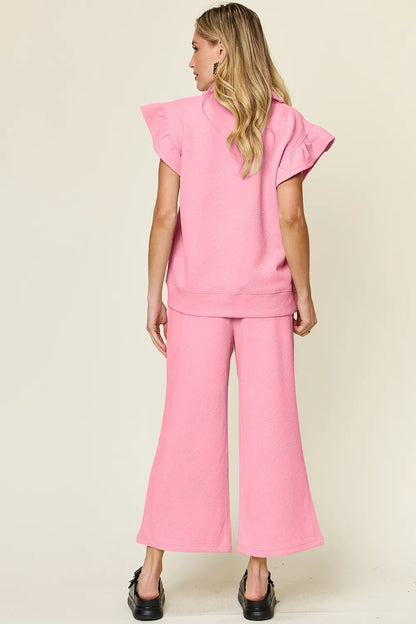 Trendsi Double Take Texture Ruffle Short Sleeve Top and Drawstring Wide Leg Pants Set in Light Gray view 14