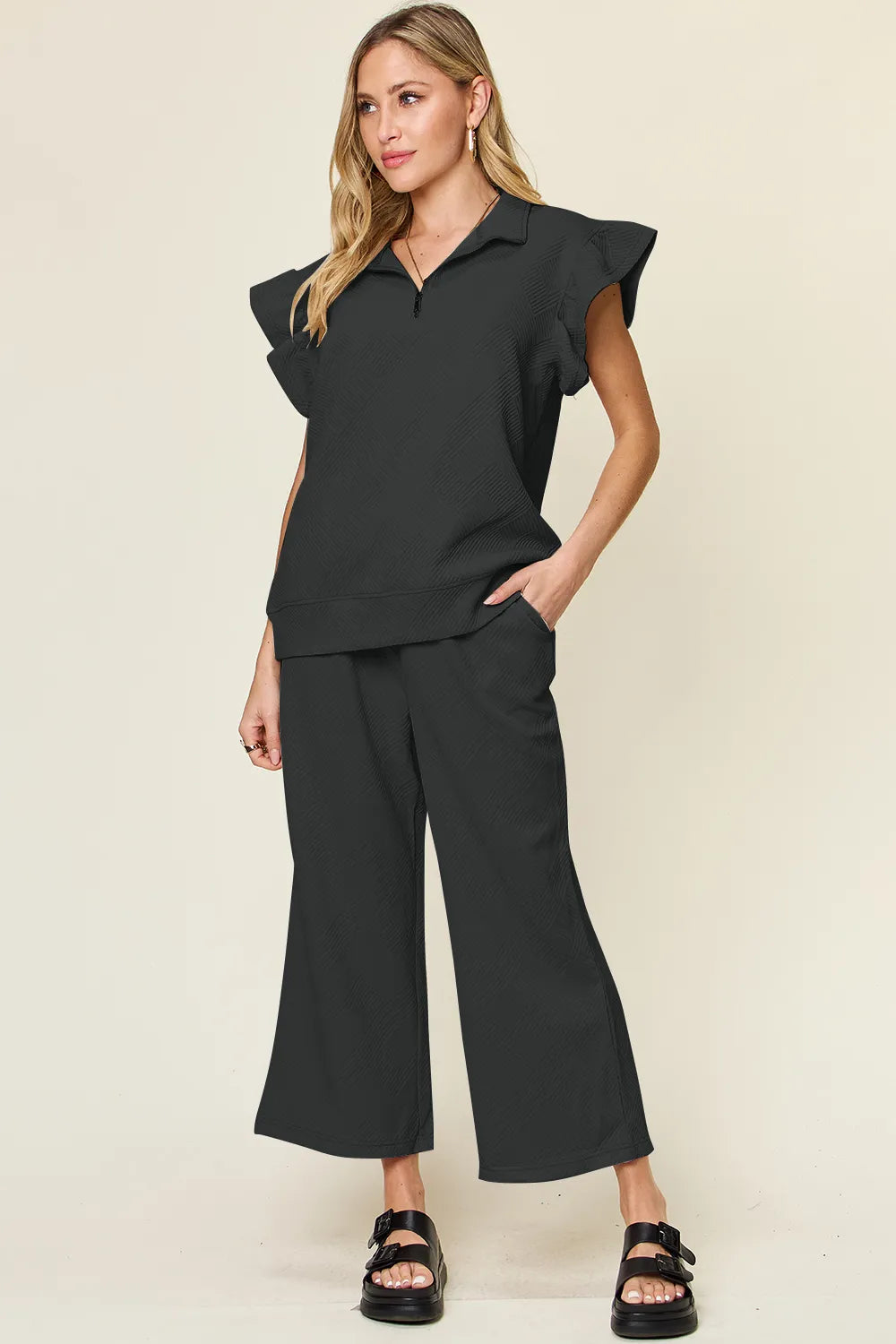 Trendsi Double Take Texture Ruffle Short Sleeve Top and Drawstring Wide Leg Pants Set in Royal Blue view 21