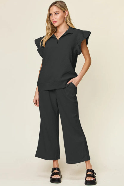 Trendsi Double Take Texture Ruffle Short Sleeve Top and Drawstring Wide Leg Pants Set in Royal Blue view 21