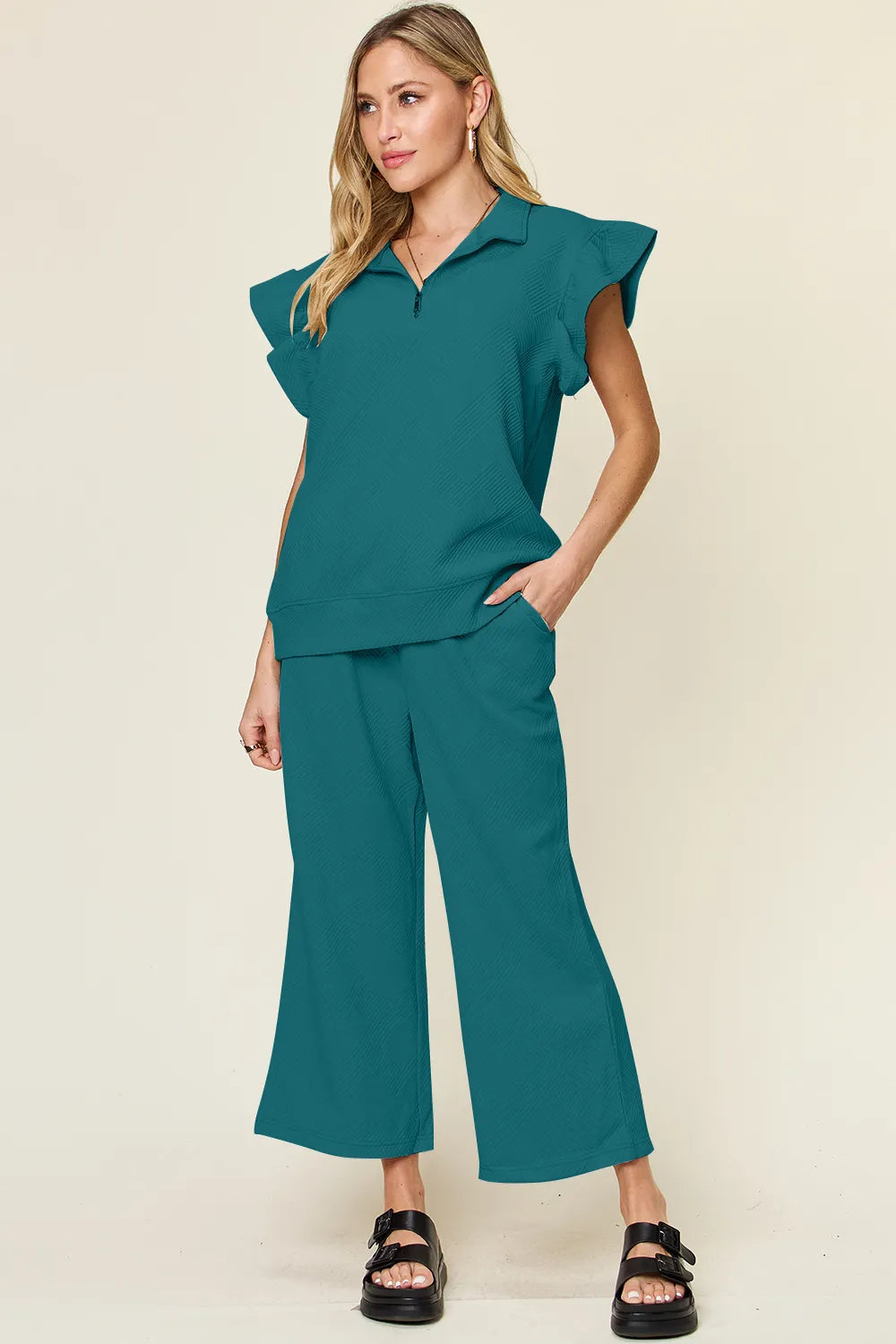 Trendsi Double Take Texture Ruffle Short Sleeve Top and Drawstring Wide Leg Pants Set in Royal Blue view 23