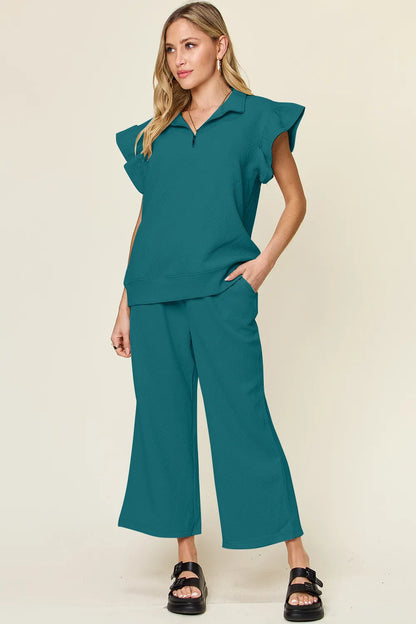 Trendsi Double Take Texture Ruffle Short Sleeve Top and Drawstring Wide Leg Pants Set in Royal Blue view 23
