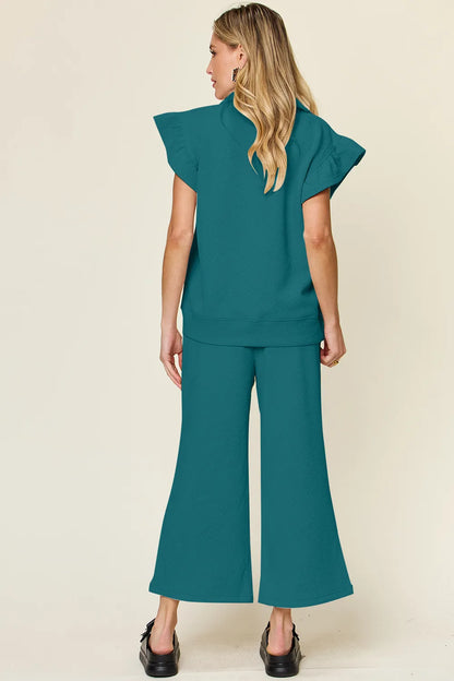 Trendsi Double Take Texture Ruffle Short Sleeve Top and Drawstring Wide Leg Pants Set in Royal Blue view 24