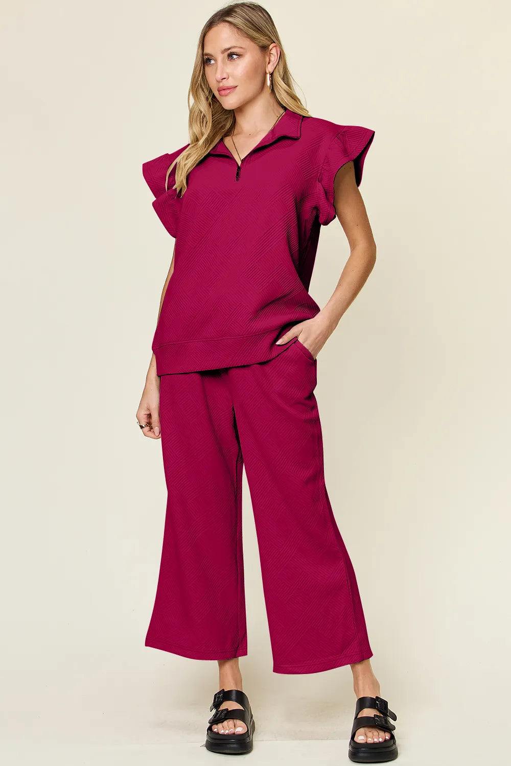 Trendsi Double Take Texture Ruffle Short Sleeve Top and Drawstring Wide Leg Pants Set in Pink view 25 - Double Take Topic
