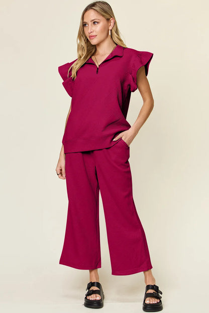 Trendsi Double Take Texture Ruffle Short Sleeve Top and Drawstring Wide Leg Pants Set in Pink view 25 - Double Take Topic