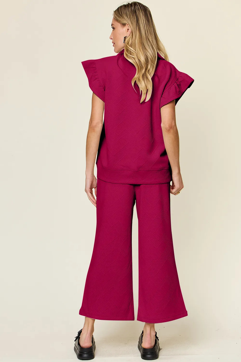 Trendsi Double Take Texture Ruffle Short Sleeve Top and Drawstring Wide Leg Pants Set in Pink view 26 - Double Take Topic