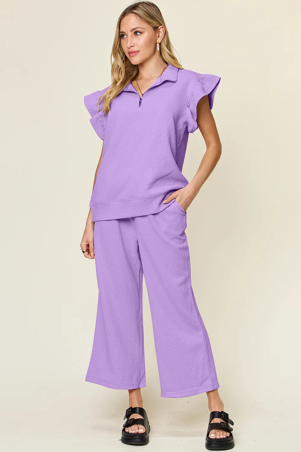Trendsi Double Take Texture Ruffle Short Sleeve Top and Drawstring Wide Leg Pants Set in Pink view 27 - Double Take Topic