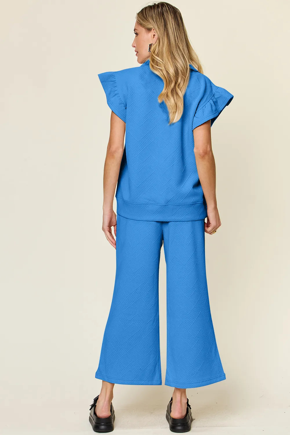 Trendsi Double Take Texture Ruffle Short Sleeve Top and Drawstring Wide Leg Pants Set in Cerulean view 3 - Double Take Topic
