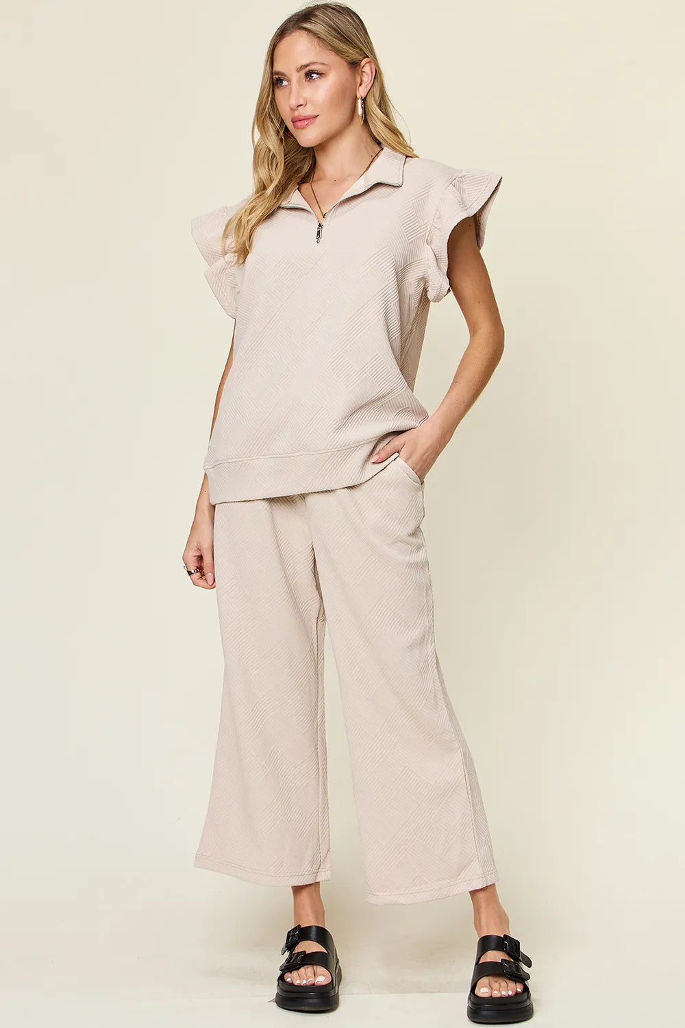 Trendsi Double Take Texture Ruffle Short Sleeve Top and Drawstring Wide Leg Pants Set in Green view 31 - Double Take Topic