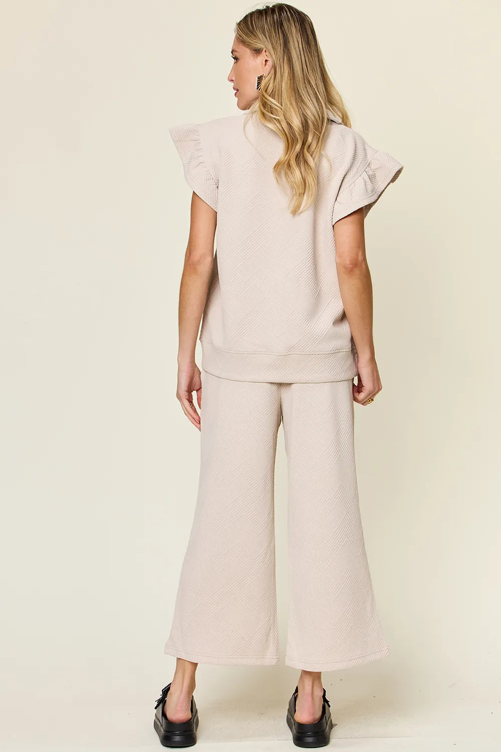 Trendsi Double Take Texture Ruffle Short Sleeve Top and Drawstring Wide Leg Pants Set in Green view 33 - Double Take Topic