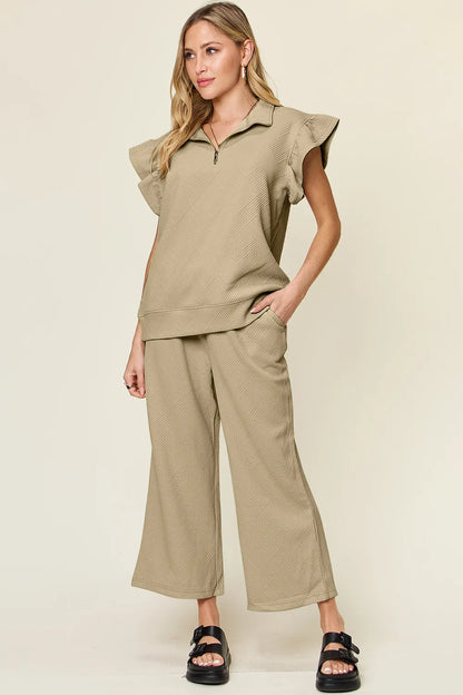 Trendsi Double Take Texture Ruffle Short Sleeve Top and Drawstring Wide Leg Pants Set in Green view 34 - Double Take Topic