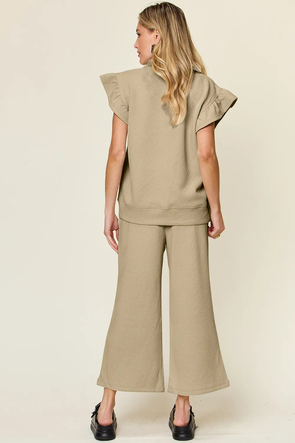 Trendsi Double Take Texture Ruffle Short Sleeve Top and Drawstring Wide Leg Pants Set in Green view 36 - Double Take Topic