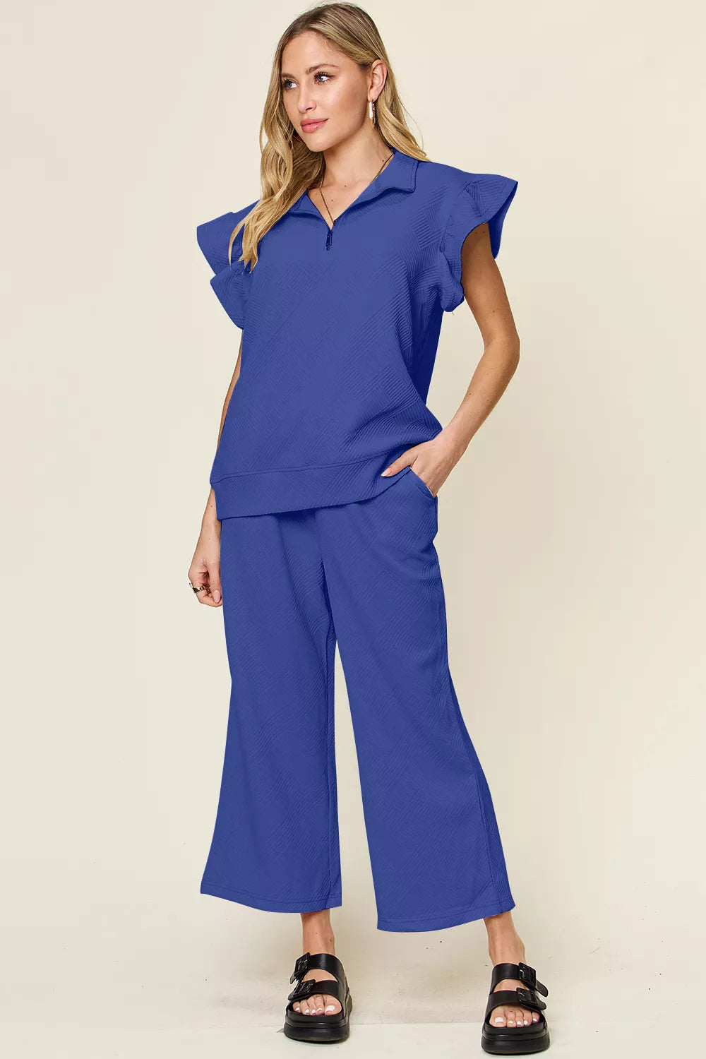 Trendsi Double Take Texture Ruffle Short Sleeve Top and Drawstring Wide Leg Pants Set in White view 37 - Double Take Topic