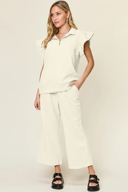 Trendsi Double Take Texture Ruffle Short Sleeve Top and Drawstring Wide Leg Pants Set in Cerulean view 4 - Double Take Topic