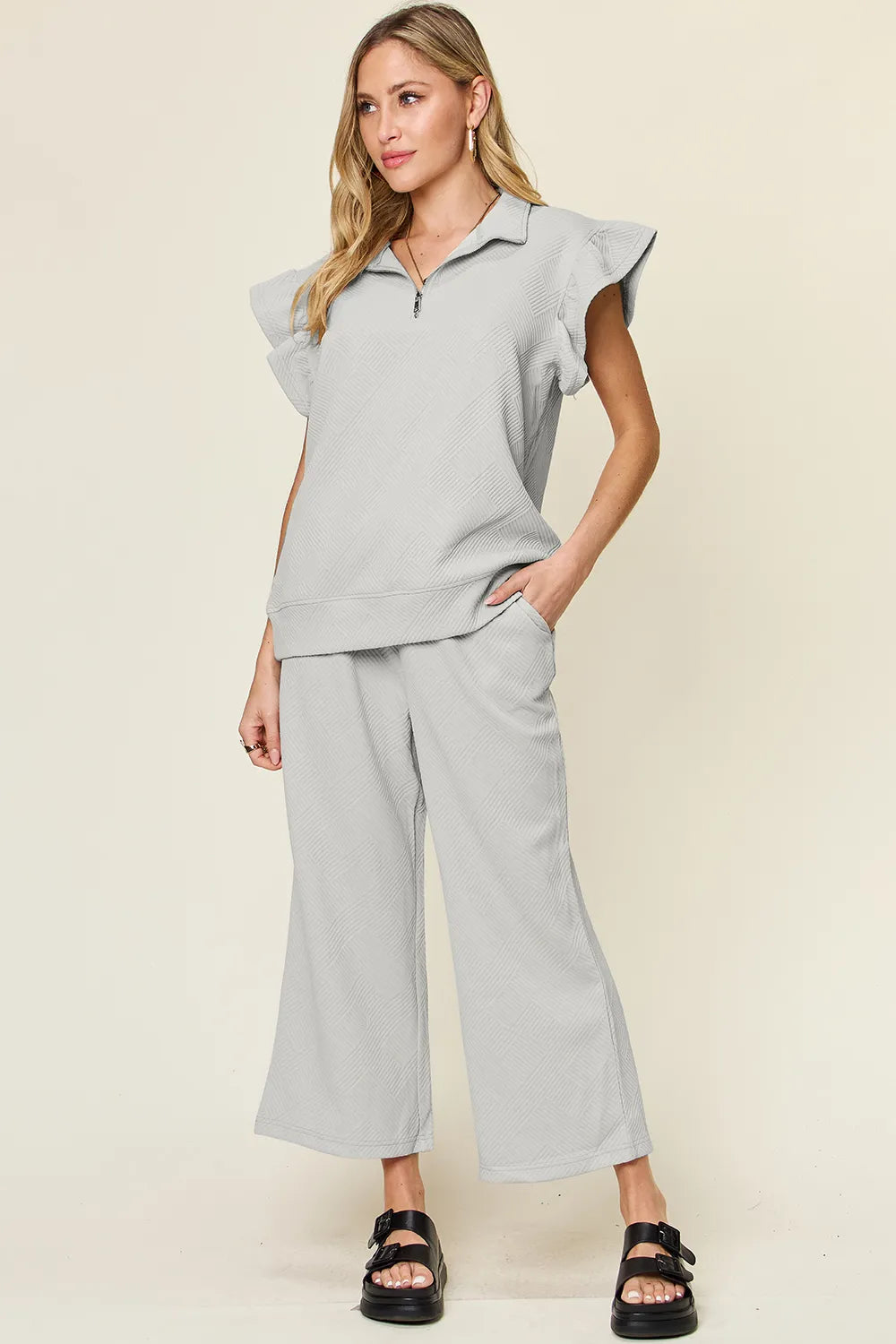 Trendsi Double Take Texture Ruffle Short Sleeve Top and Drawstring Wide Leg Pants Set in Cerulean view 6 - Double Take Topic