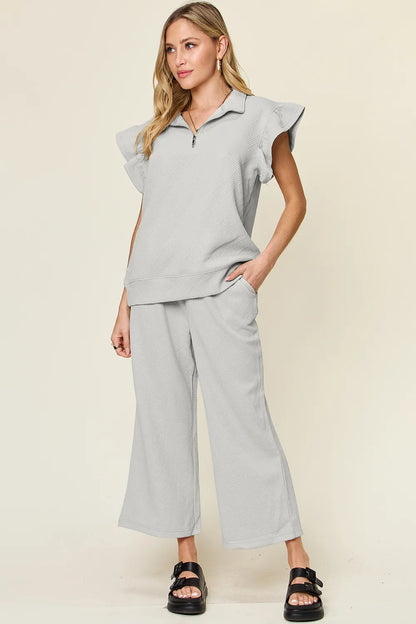 Trendsi Double Take Texture Ruffle Short Sleeve Top and Drawstring Wide Leg Pants Set in Cerulean view 6 - Double Take Topic