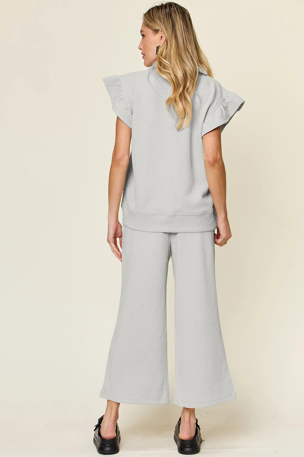 Trendsi Double Take Texture Ruffle Short Sleeve Top and Drawstring Wide Leg Pants Set in Cream view 8 - Double Take Topic