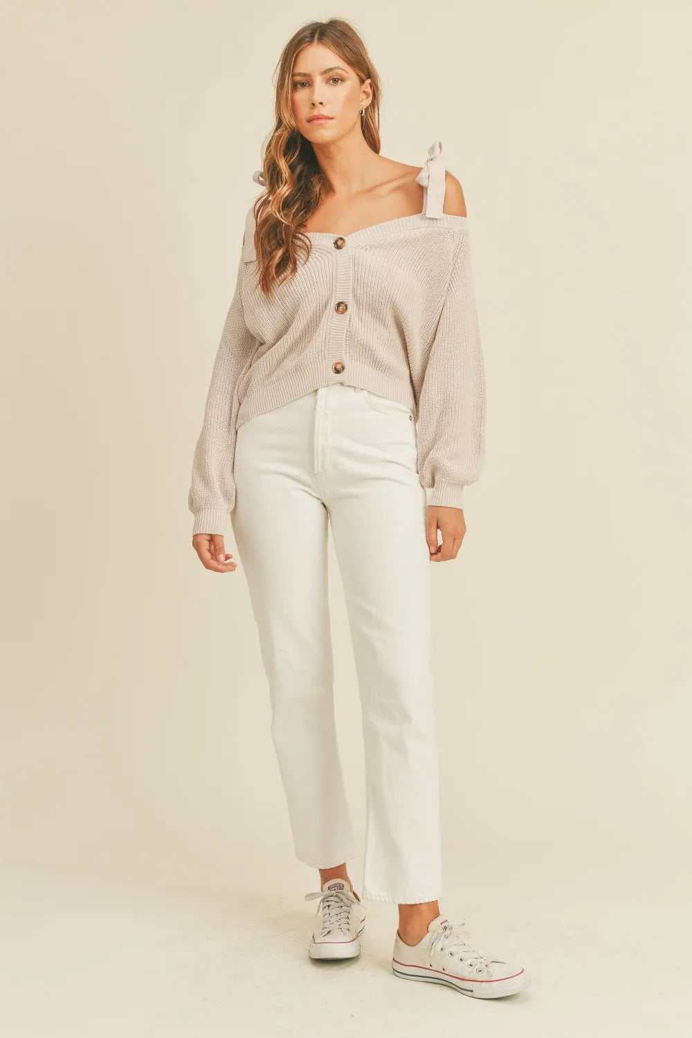 Trendsi Mable Off Shoulder Self Tie Strap Button Down Sweater view 4 (top)