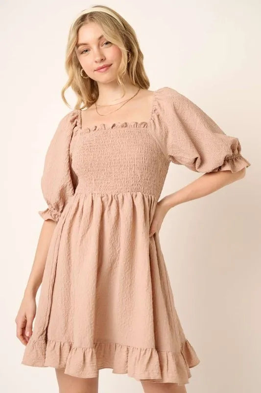 Trendsi Mittoshop Smocked Ruffled Hem Half Sleeve Mini Dress in Taupe - Mittoshop Dress
