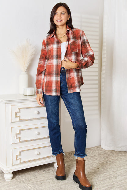 Trendsi Plaid Collared Neck Long Sleeve Shirt in Caramel view 4 - Plaid Collared Shirt Women (top)