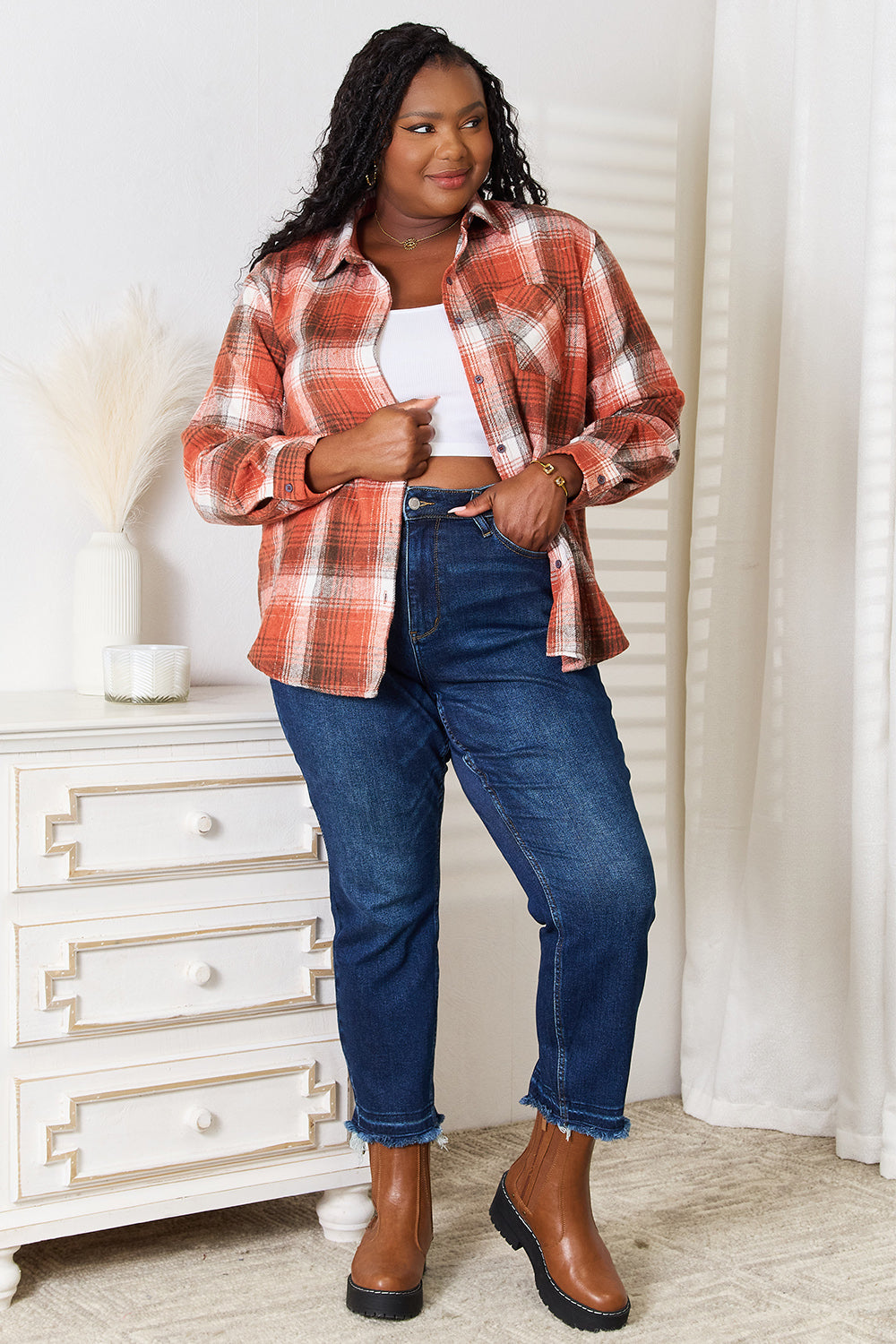 Trendsi Plaid Collared Neck Long Sleeve Shirt view 8 - Plaid Collared Shirt Women (top)