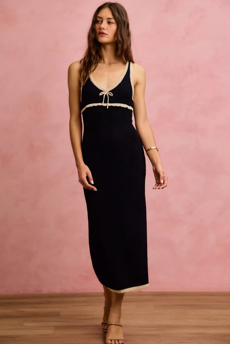 Trendsi so Me Knit Sweater Maxi Sleeveless Bodycon Resort Dress in Black/Oatmeal view 3 - Summer Outfit Idea