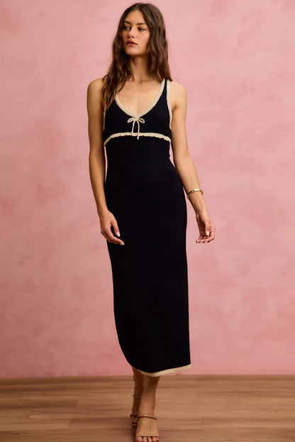 Trendsi so Me Knit Sweater Maxi Sleeveless Bodycon Resort Dress in Black/Oatmeal view 3 - Summer Outfit Idea