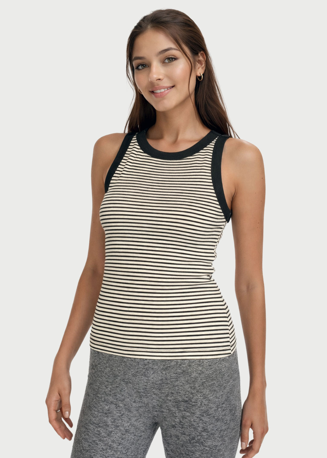 Trophy Yoga 2x1 Rib Solid Round Neck Tank Top Made in USA in BLK/WHT view 3 - 2X1 Rib Tank Top