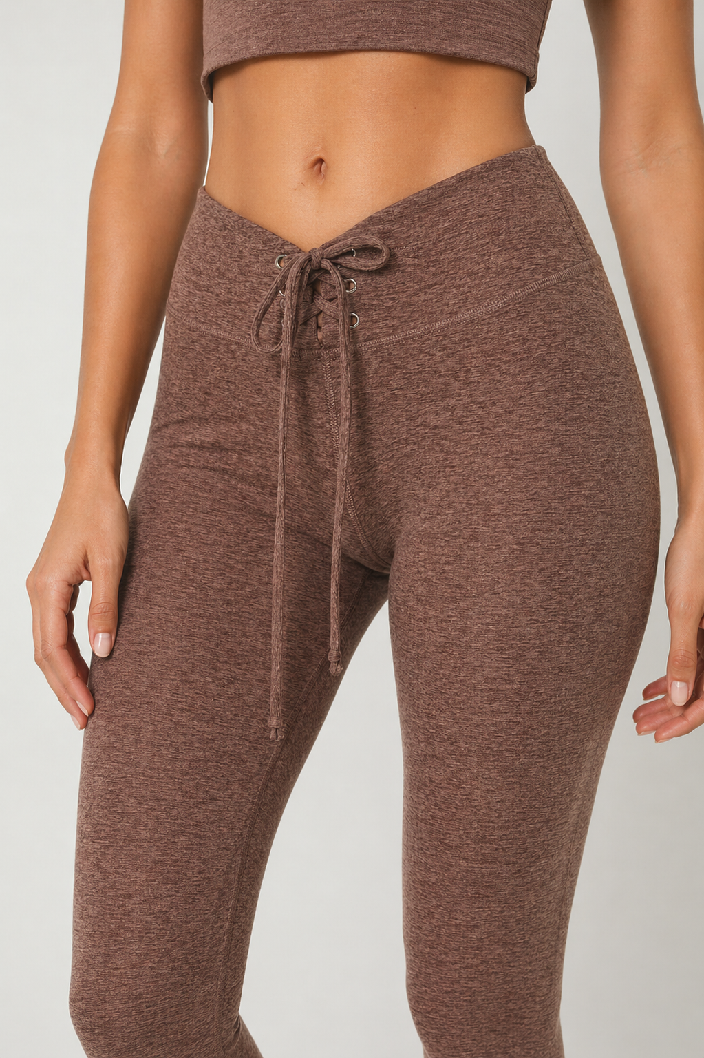 Trophy Yoga All Tied up Leggings Made in USA in Taupe view 4 - All Tied Up Company (bottom)