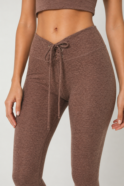 Trophy Yoga All Tied up Leggings Made in USA in Taupe view 4 - All Tied Up Company (bottom)