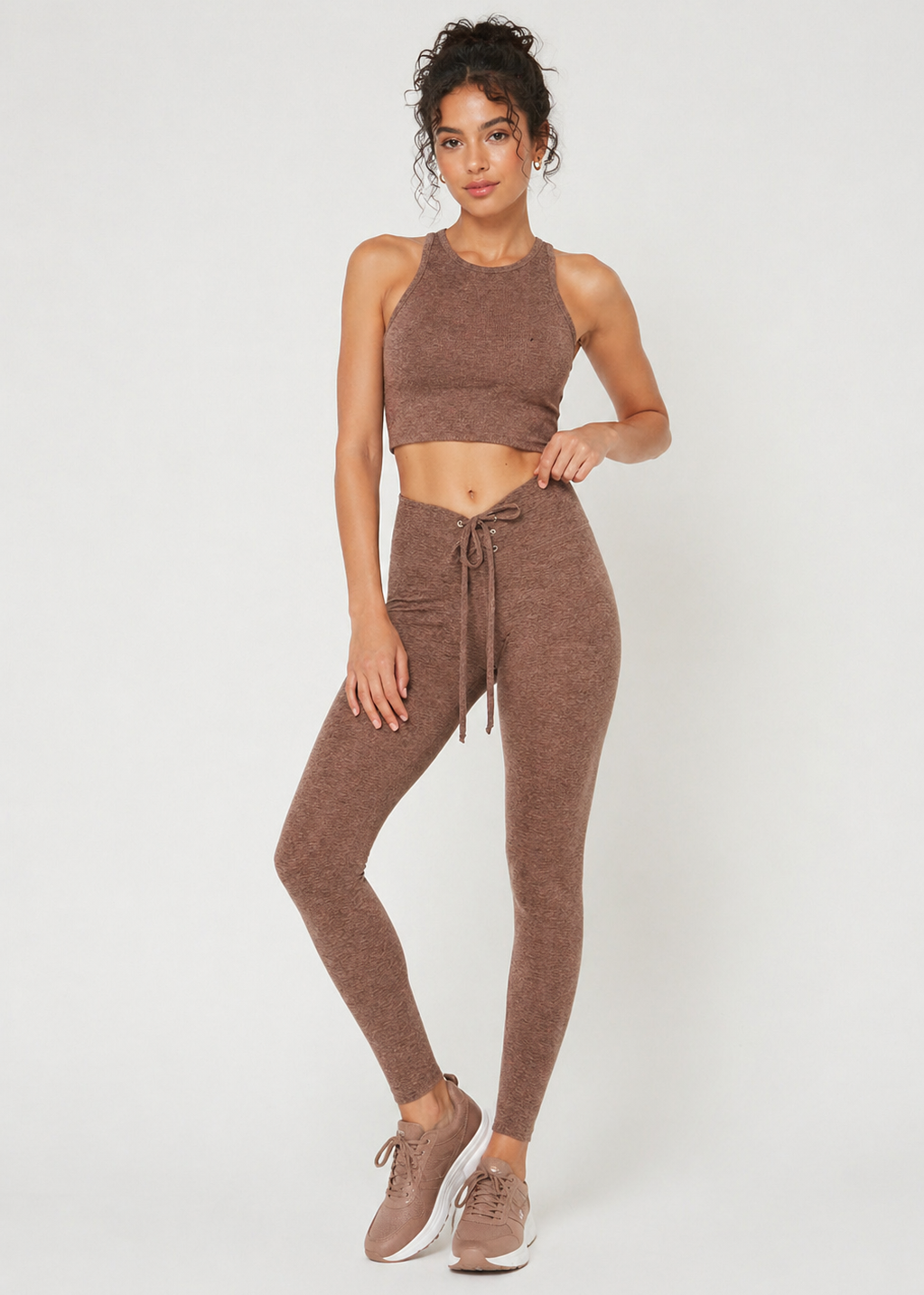 Trophy Yoga All Tied up Leggings Made in USA in Taupe view 5 - All Tied Up Company (bottom)