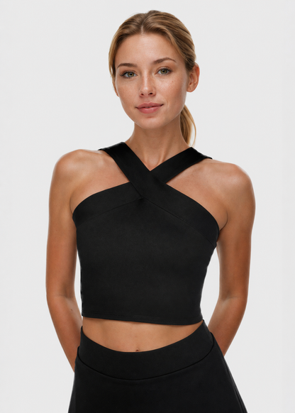 Trophy Yoga Criss Cross Tennis Crop Top Made in USA in Black view 2 - Criss Cross Top Women