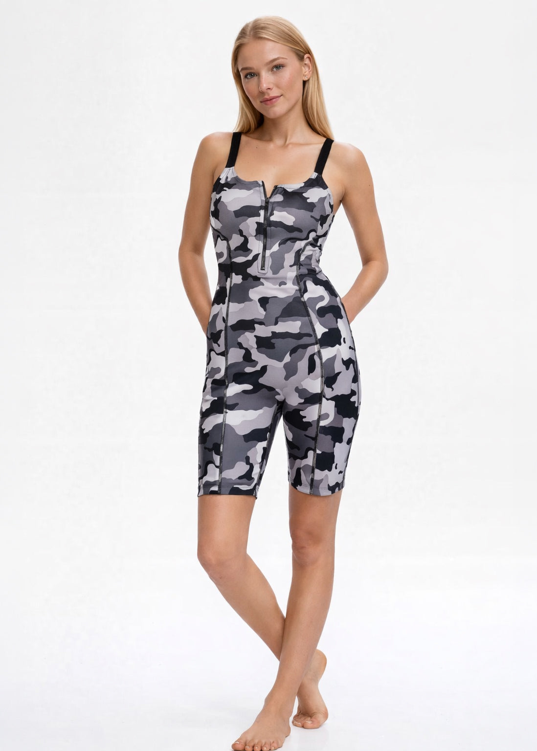 Trophy Yoga Grey Camo Romper Made in USA in DARK GREY view 5 - Grey Camo Jumpsuit (one-piece)
