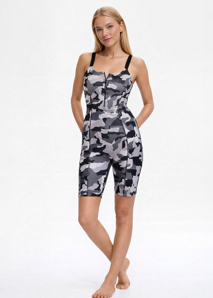 Trophy Yoga Grey Camo Romper Made in USA in DARK GREY view 5 - Grey Camo Jumpsuit (one-piece)