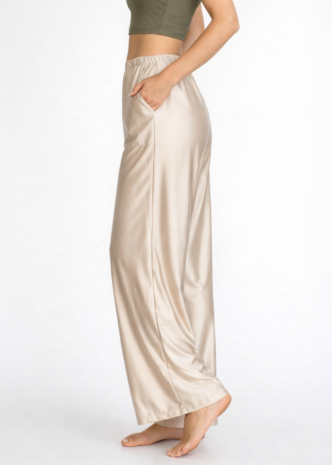 Trophy Yoga Matte Satin Lounge Pants Made in USA in Nude view 3 - Made Usa (bottom)