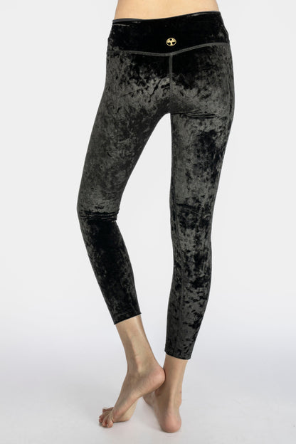 Trophy Yoga Velvet Cropped Leggings Made in USA in BLACK view 16 (bottom)
