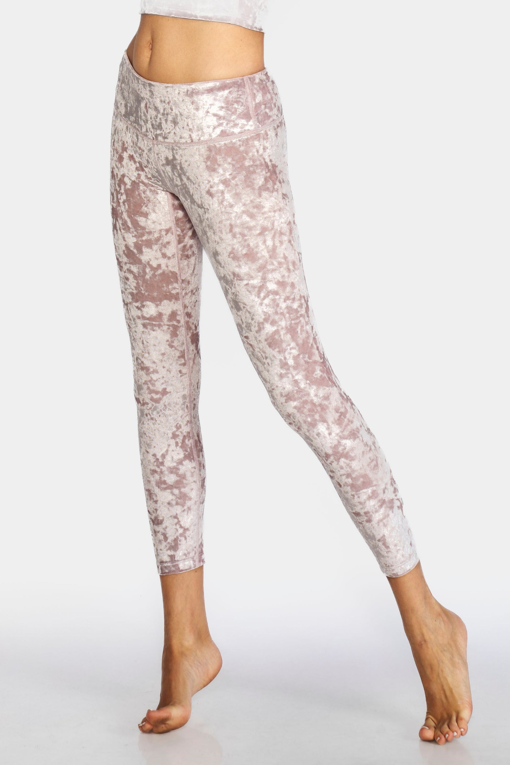 Trophy Yoga Velvet Cropped Leggings Made in USA in PINK view 8 (bottom)