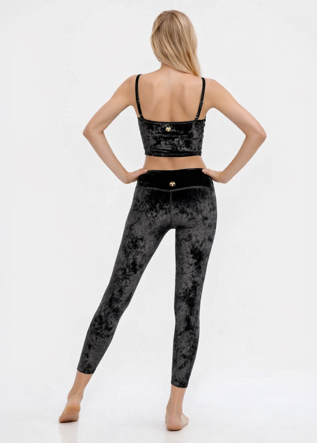 Trophy Yoga Velvet Shirred Crop Top Made in USA in BLUE view 14 - Mint Velvet Shirred Top