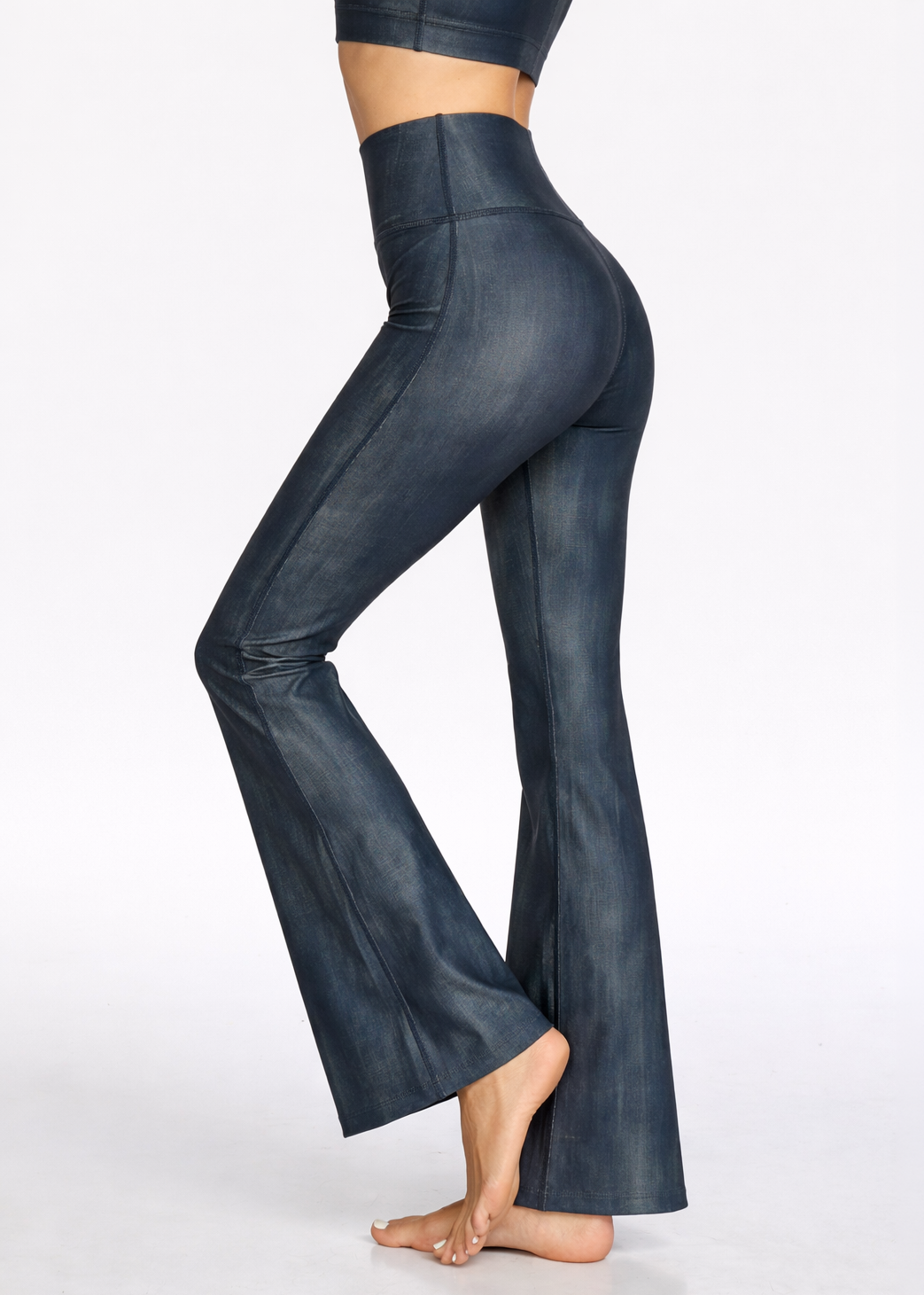 Trophy Yoga Vintage Denim Flare Leggings Made in USA in VINTAGE DENIM view 3 - Vintage Usa Denim.Jersey (bottom)