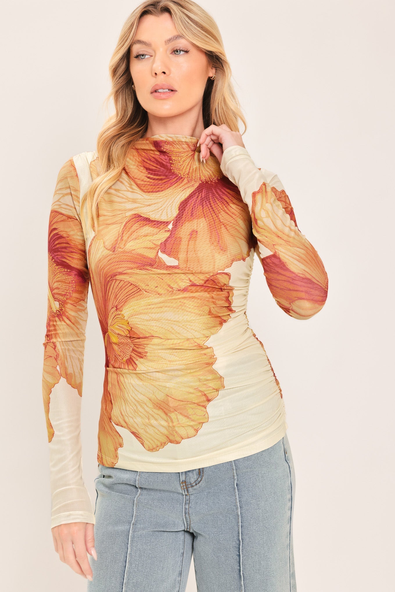 Tropic Bloom Power Mesh Top in ORANGE IVORY view 2