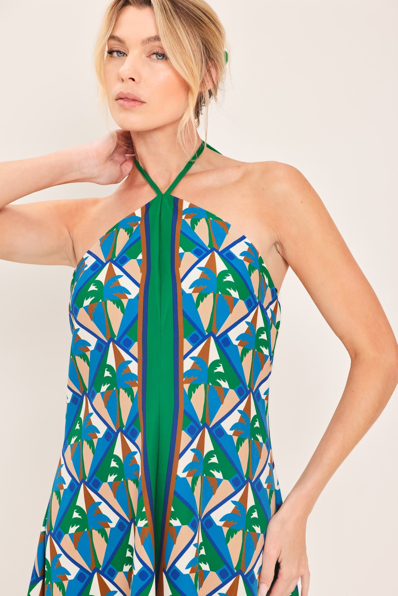 Tropical Temptation Halter Woven Midi Dress in GREEN view 2 - Tropical Temptation Dress Code