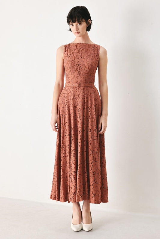 True Romance Woven Lace Midi Dress in RUST view 2 - True Romance Dress Up