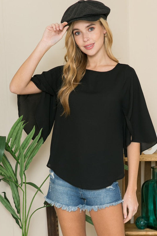 Tulip Sleeve Woven Blouse in Black (top)