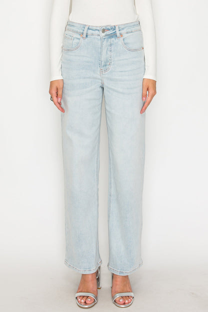 Tummy Control High Rise Modal Fabric Pink Thread Straight Jeans in Light wash view 2 - High-Waisted (bottom)