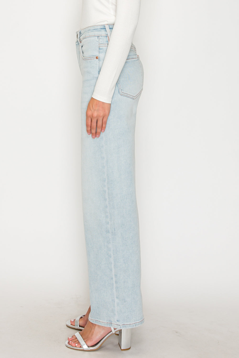 Tummy Control High Rise Modal Fabric Pink Thread Straight Jeans in Light wash view 3 - High-Waisted (bottom)