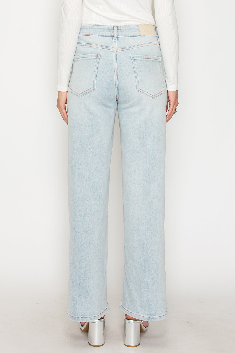 Tummy Control High Rise Modal Fabric Pink Thread Straight Jeans in Light wash view 4 - High-Waisted (bottom)