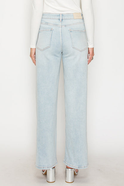 Tummy Control High Rise Modal Fabric Pink Thread Straight Jeans in Light wash view 4 - High-Waisted (bottom)