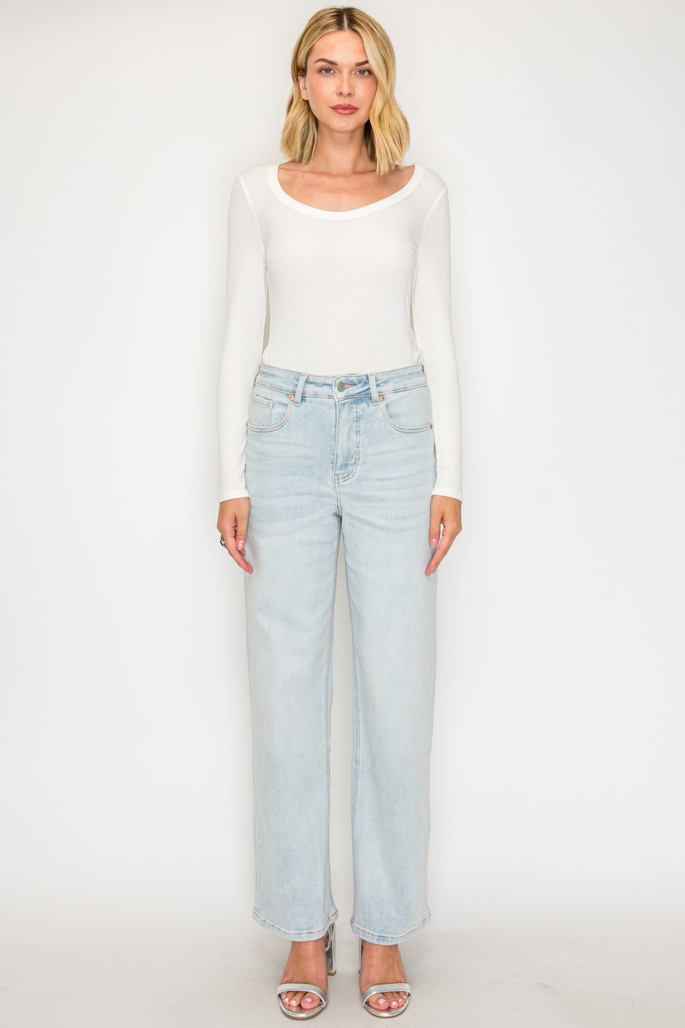 Tummy Control High Rise Modal Fabric Pink Thread Straight Jeans in Light wash view 5 - High-Waisted (bottom)