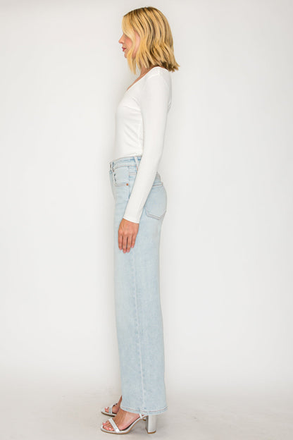 Tummy Control High Rise Modal Fabric Pink Thread Straight Jeans in Light wash view 6 - High-Waisted (bottom)